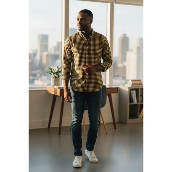 Goodthreads Slim Stretch Poplin Men's Checker Navy and Gold Causal Shirt 2XL - Picture 1 of 5